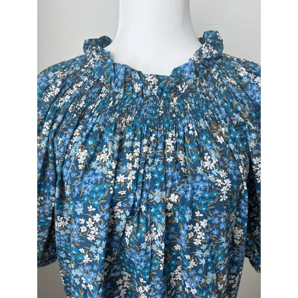 J. Crew Smocked Neck Puff Sleeve Top in Liberty Fabric Sea Blossoms Size Large